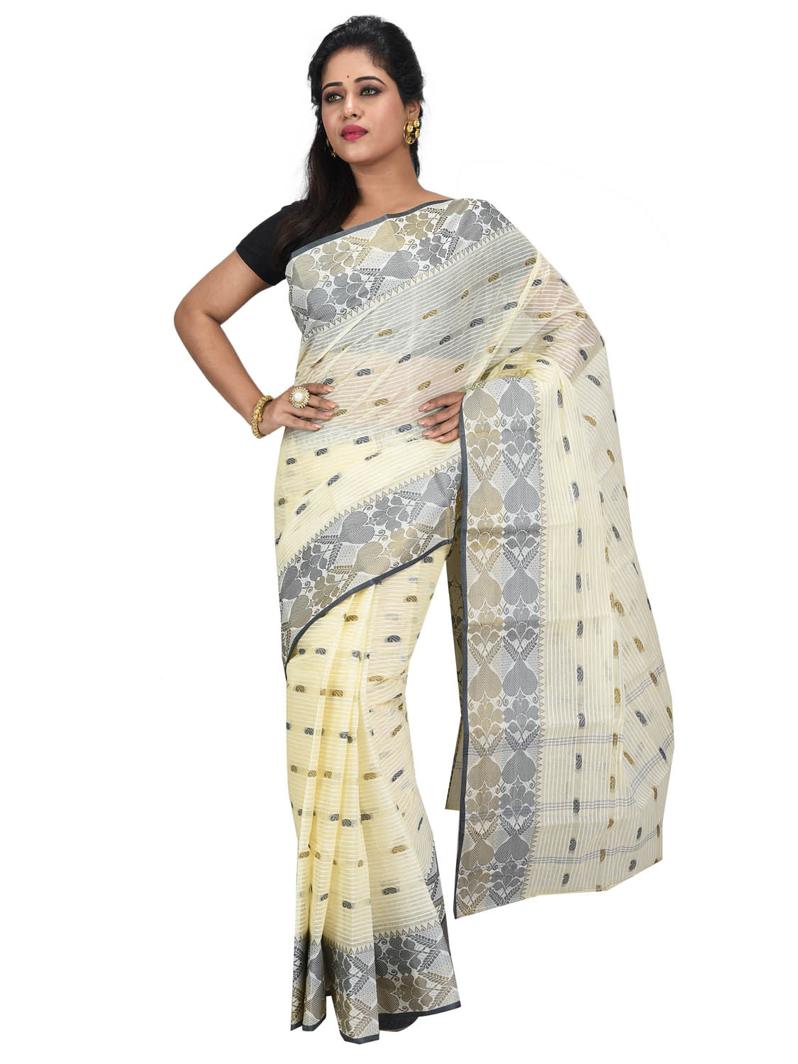 Women Pure Bengal Tant Traditional Handloom Bengali Cotton Saree Noyonchuri Design Without Blouse Piece